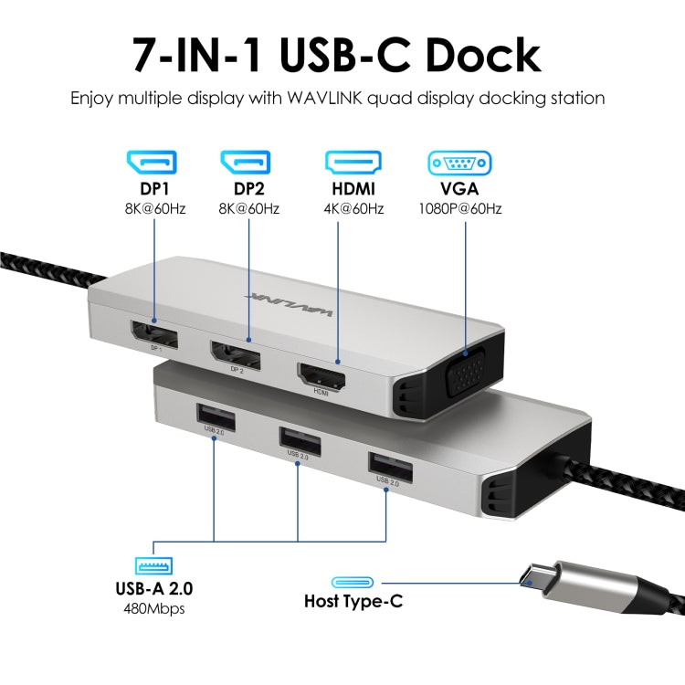 WAVLINK WL-UMD307 Type-C to 2DP + 4K HD + VGA + 3 x USB2.0 HUB Docking Station - free shipping - PMC Jewellery - Order now!