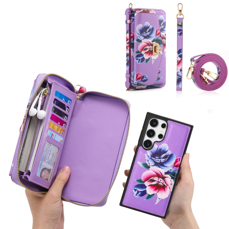 For Samsung Galaxy S24 5G Flower Multi-functional Crossbody Zipper Wallet Leather Phone Case(Purple) - Galaxy S24 5G Cases by PMC Jewellery | Online Shopping South Africa | PMC Jewellery | Buy Now Pay Later Mobicred