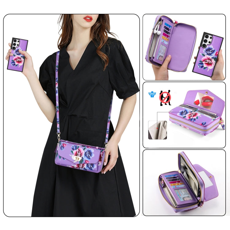 For Samsung Galaxy S24 5G Flower Multi-functional Crossbody Zipper Wallet Leather Phone Case(Purple) - Galaxy S24 5G Cases by PMC Jewellery | Online Shopping South Africa | PMC Jewellery | Buy Now Pay Later Mobicred