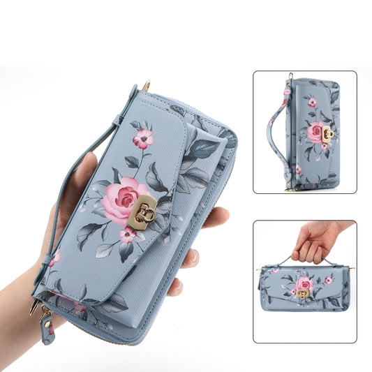 For Samsung Galaxy S24 Ultra 5G Flower Multi-functional Crossbody Zipper Wallet Leather Phone Case(Blue) - Galaxy S24 Ultra 5G Cases by PMC Jewellery | Online Shopping South Africa | PMC Jewellery | Buy Now Pay Later Mobicred