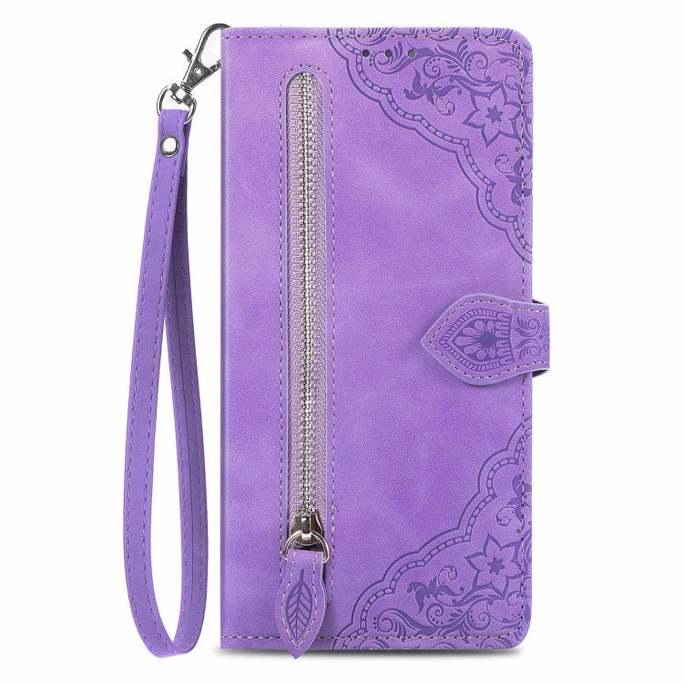 For Blackview A96 Embossed Flower Zipper Leather Phone Case(Purple) - More Brand by PMC Jewellery | Online Shopping South Africa | PMC Jewellery