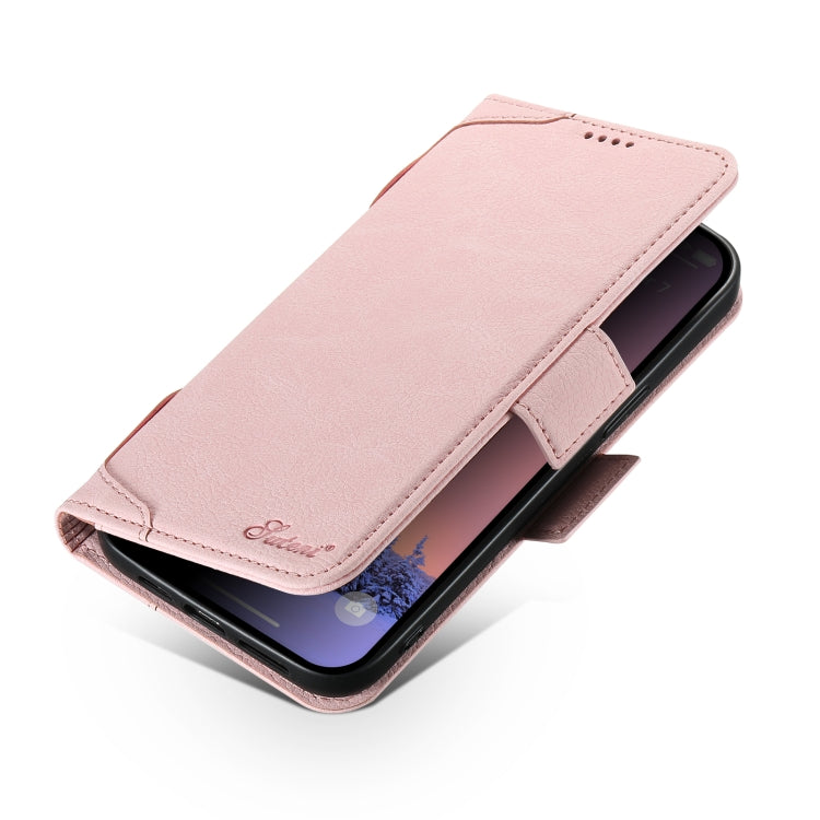 For iPhone 14 SUTENI J07 Multifunctional Horizontal Flip Magsafe Leather Phone Case(Pink) - iPhone 14 Cases by Suteni | Online Shopping South Africa | PMC Jewellery | Buy Now Pay Later Mobicred