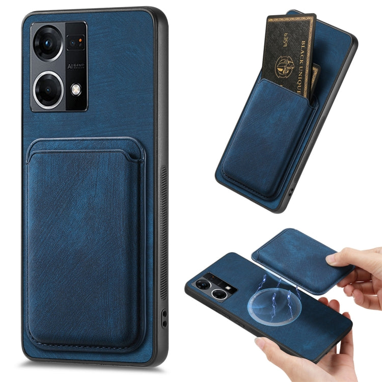 For OPPO Reno7 4G Retro Leather Card Bag Magnetic Phone Case(Blue) - OPPO Cases by PMC Jewellery | Online Shopping South Africa | PMC Jewellery | Buy Now Pay Later Mobicred