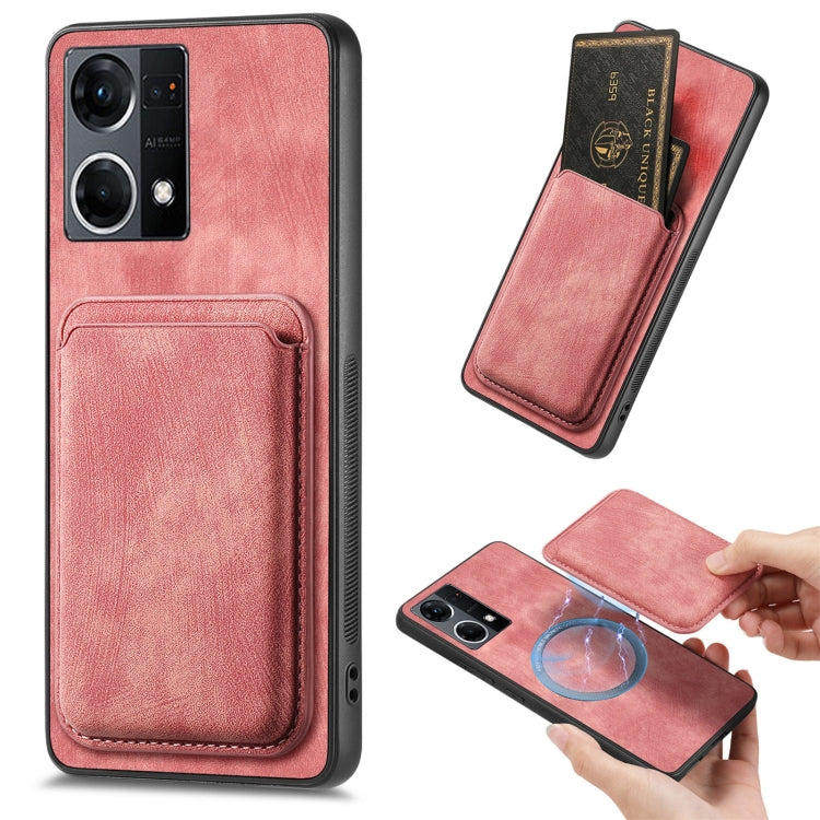 For OPPO Reno7 4G Retro Leather Card Bag Magnetic Phone Case(Pink) - OPPO Cases by PMC TechLife | Online Shopping South Africa | PMC TechLife | Buy Now Pay Later Mobicred