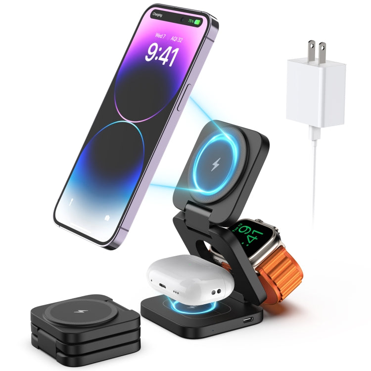 KU XIU X55 Magnetic Wireless Fast Charge Folding 3-in-1 for Apple Wireless Charging Base(Black) - Wireless Charger by PMC Jewellery | Online Shopping South Africa | PMC Jewellery