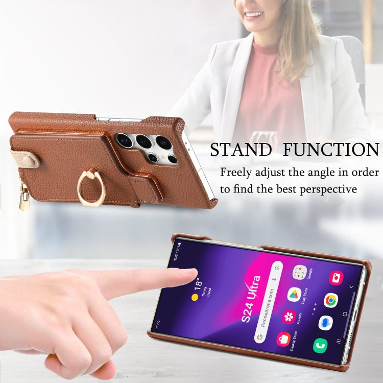 For Samsung Galaxy S24 Ultra 5G Litchi Leather Oil Edge Ring Zipper Wallet Back Phone Case(Brown) - Galaxy S24 Ultra 5G Cases by PMC Jewellery | Online Shopping South Africa | PMC Jewellery | Buy Now Pay Later Mobicred