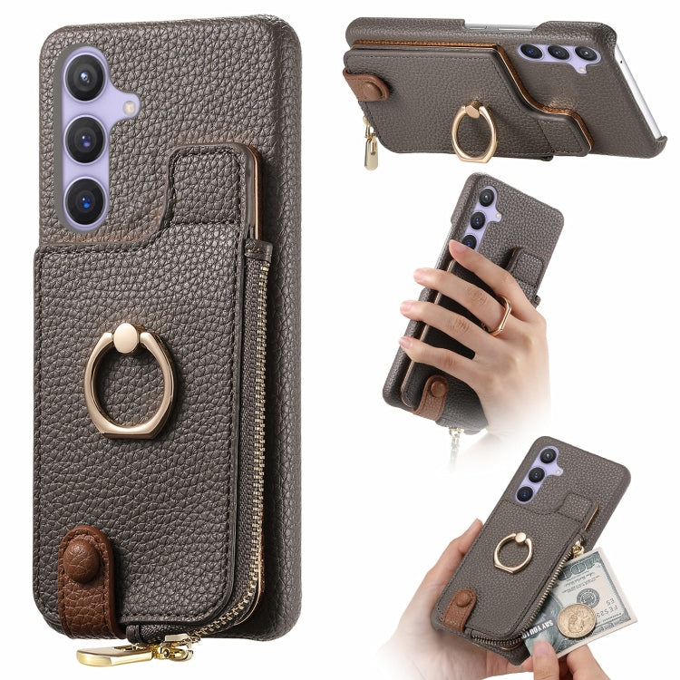 For Samsung Galaxy S24+ 5G Litchi Leather Oil Edge Ring Zipper Wallet Back Phone Case(Grey) - Galaxy S24+ 5G Cases by PMC Jewellery | Online Shopping South Africa | PMC Jewellery | Buy Now Pay Later Mobicred