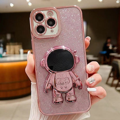 For iPhone 11 Pro Glitter Electroplating Astronaut Holder Phone Case(Pink) - iPhone 11 Pro Cases by PMC Jewellery | Online Shopping South Africa | PMC Jewellery