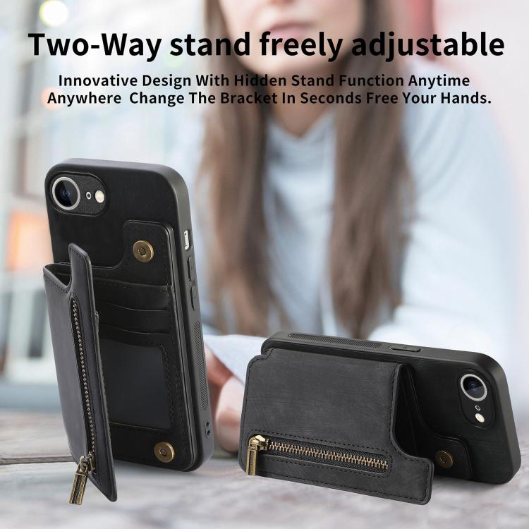 For iPhone 16e Retro Leather Zipper Wallet Back Phone Case(Black) - iPhone 16e Cases by PMC TechLife | Online Shopping South Africa | PMC TechLife | Buy Now Pay Later Mobicred
