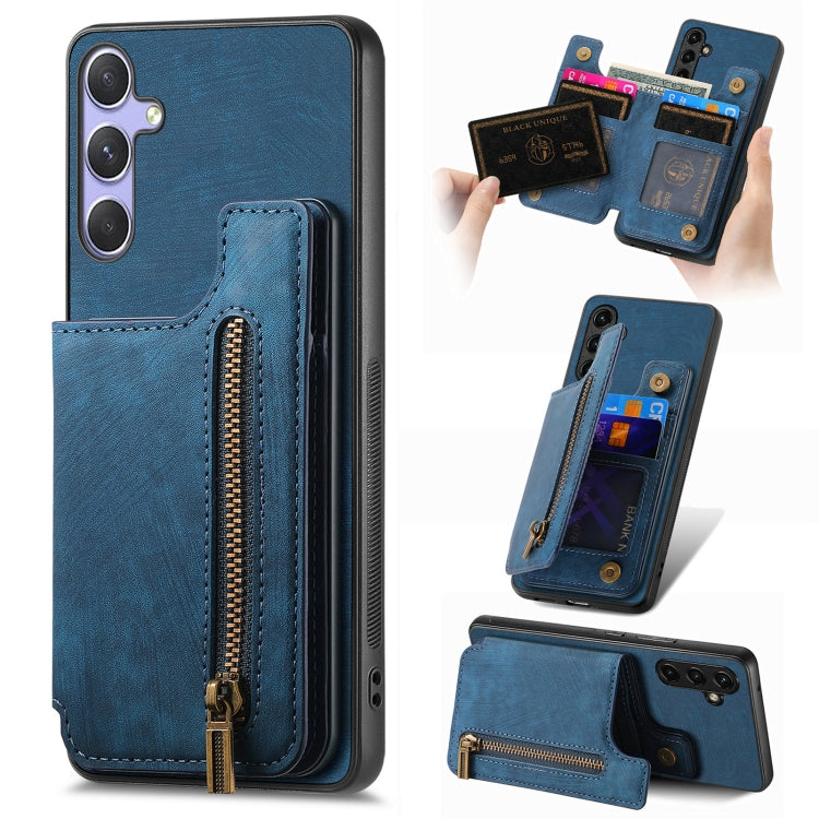 For Samsung Galaxy S25 5G Retro Leather Zipper Wallet Back Phone Case(Blue) - Galaxy S25 5G Cases by PMC Jewellery | Online Shopping South Africa | PMC Jewellery | Buy Now Pay Later Mobicred