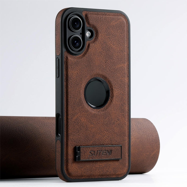 For iPhone 16 Suteni G2 Magsafe Litchi Texture Leather Back Phone Case with Holder(Brown) - iPhone 16 Cases by Suteni | Online Shopping South Africa | PMC Jewellery | Buy Now Pay Later Mobicred