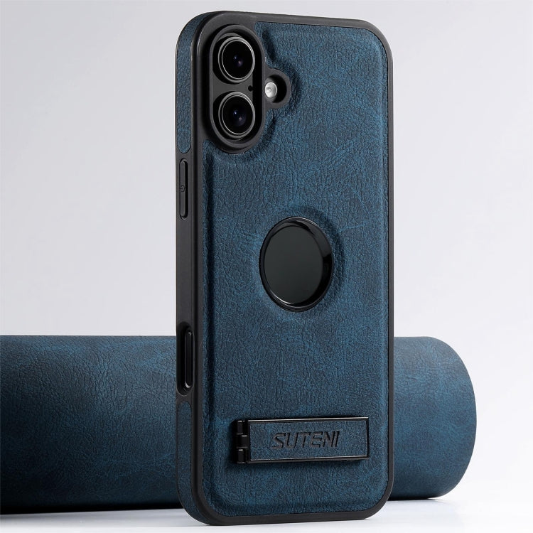 For iPhone 16 Suteni G2 Magsafe Litchi Texture Leather Back Phone Case with Holder(Blue) - free shipping - PMC Jewellery - Order now!