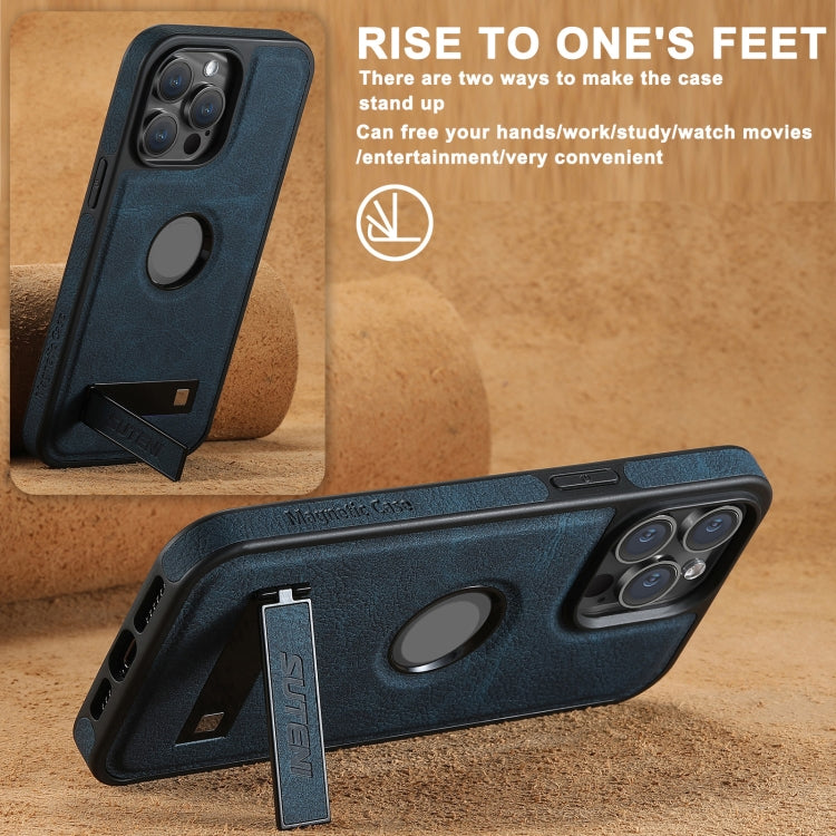 For iPhone 16 Suteni G2 Magsafe Litchi Texture Leather Back Phone Case with Holder(Blue) - free shipping - PMC Jewellery - Order now!