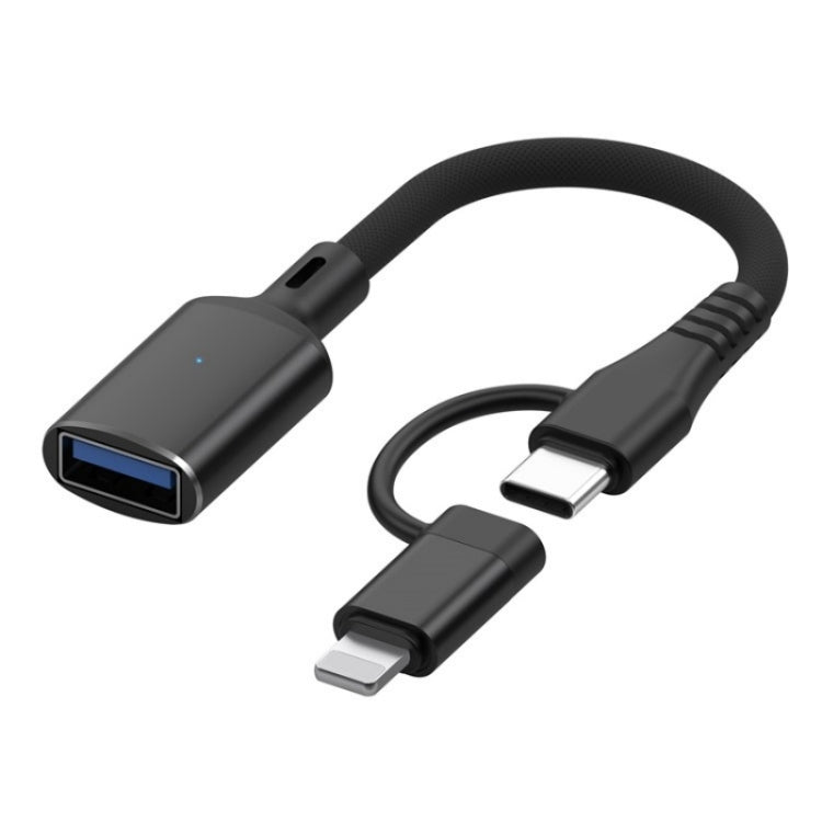 JS-112 2 in 1 USB Male to USB-C / Type-C / 8 Pin OTG Adapter Cable, Length: 15cm(Black) - Converter & Adapter by PMC Jewellery | Online Shopping South Africa | PMC Jewellery | Buy Now Pay Later Mobicred