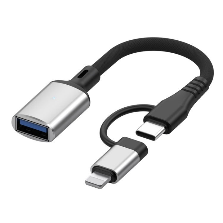 JS-112 2 in 1 USB Male to USB-C / Type-C / 8 Pin OTG Adapter Cable, Length: 15cm(Silver) - Converter & Adapter by PMC Jewellery | Online Shopping South Africa | PMC Jewellery | Buy Now Pay Later Mobicred