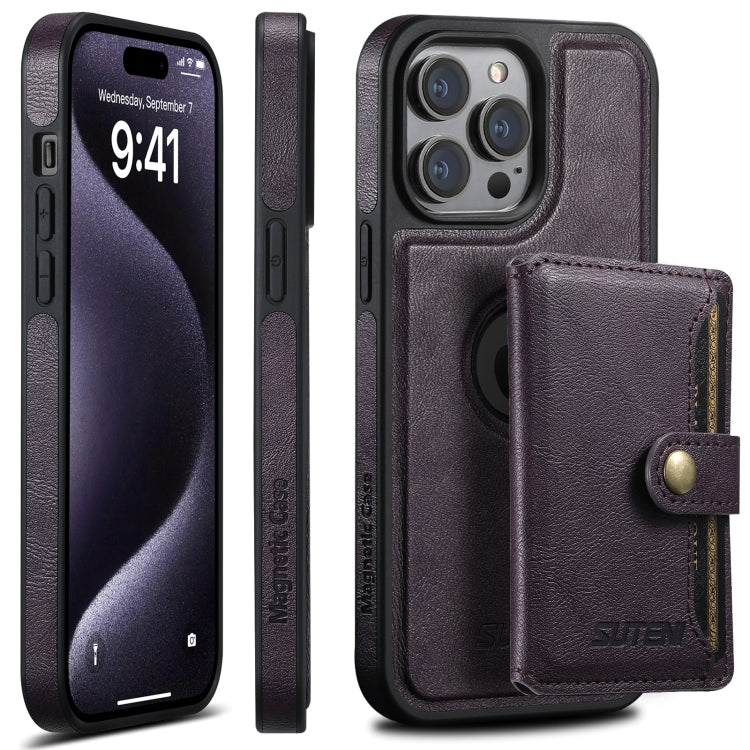 For iPhone 15 Pro Max Suteni M1 Oil Wax MagSafe Detachable Horizontal Card Bag Phone Case(Purple) - iPhone 15 Pro Max Cases by Suteni | Online Shopping South Africa | PMC Jewellery | Buy Now Pay Later Mobicred