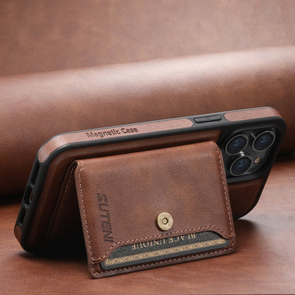 For iPhone 15 Suteni M1 Oil Wax MagSafe Detachable Horizontal Card Bag Phone Case(Brown) - iPhone 15 Cases by Suteni | Online Shopping South Africa | PMC Jewellery | Buy Now Pay Later Mobicred