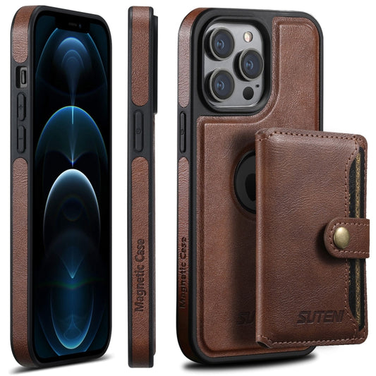 For iPhone 12 Pro Max Suteni M1 Oil Wax MagSafe Detachable Horizontal Card Bag Phone Case(Brown) - iPhone 12 Pro Max Cases by Suteni | Online Shopping South Africa | PMC Jewellery | Buy Now Pay Later Mobicred