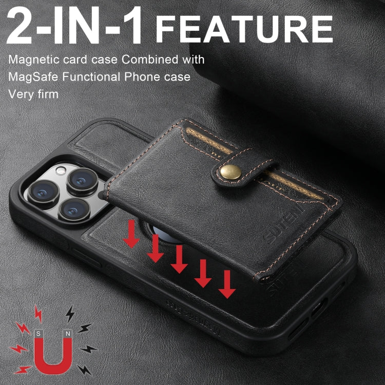 For iPhone 16 Plus Suteni M1 Oil Wax MagSafe Detachable Horizontal Card Bag Phone Case(Black) - iPhone 16 Plus Cases by Suteni | Online Shopping South Africa | PMC Jewellery | Buy Now Pay Later Mobicred