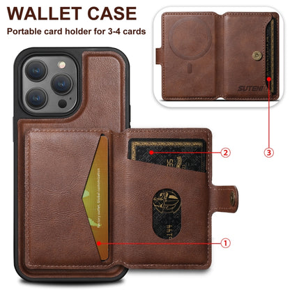 For iPhone 14 Suteni M1 Oil Wax MagSafe Detachable Horizontal Card Bag Phone Case(Brown) - iPhone 14 Cases by Suteni | Online Shopping South Africa | PMC Jewellery | Buy Now Pay Later Mobicred