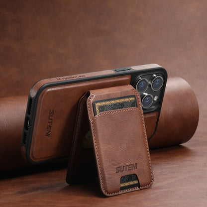 For iPhone 15 Plus Suteni M2 Oil Wax MagSafe Horizontal Card Bag Phone Case(Brown) - iPhone 15 Plus Cases by Suteni | Online Shopping South Africa | PMC Jewellery | Buy Now Pay Later Mobicred