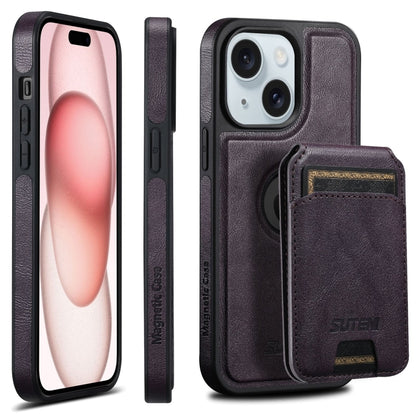 For iPhone 15 Plus Suteni M2 Oil Wax MagSafe Horizontal Card Bag Phone Case(Purple) - iPhone 15 Plus Cases by Suteni | Online Shopping South Africa | PMC Jewellery | Buy Now Pay Later Mobicred