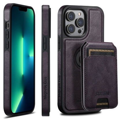 For iPhone 13 Pro Max Suteni M2 Oil Wax MagSafe Horizontal Card Bag Phone Case(Purple) - iPhone 13 Pro Max Cases by Suteni | Online Shopping South Africa | PMC Jewellery | Buy Now Pay Later Mobicred