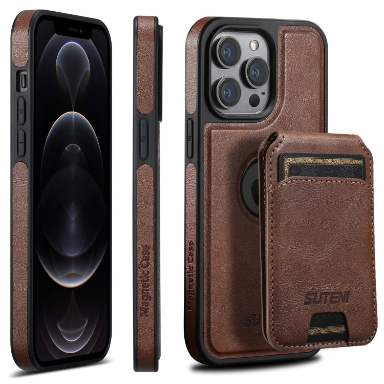 For iPhone 12 Pro Suteni M2 Oil Wax MagSafe Horizontal Card Bag Phone Case(Brown) - iPhone 12 / 12 Pro Cases by Suteni | Online Shopping South Africa | PMC Jewellery | Buy Now Pay Later Mobicred