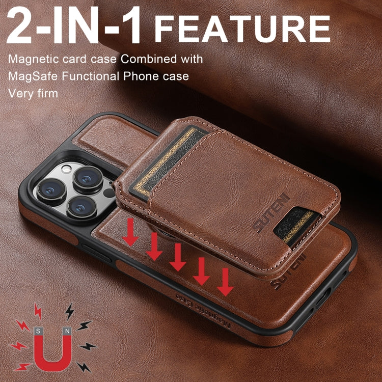 For iPhone 16 Pro Suteni M2 Oil Wax MagSafe Horizontal Card Bag Phone Case(Brown) - iPhone 16 Pro Cases by Suteni | Online Shopping South Africa | PMC Jewellery | Buy Now Pay Later Mobicred