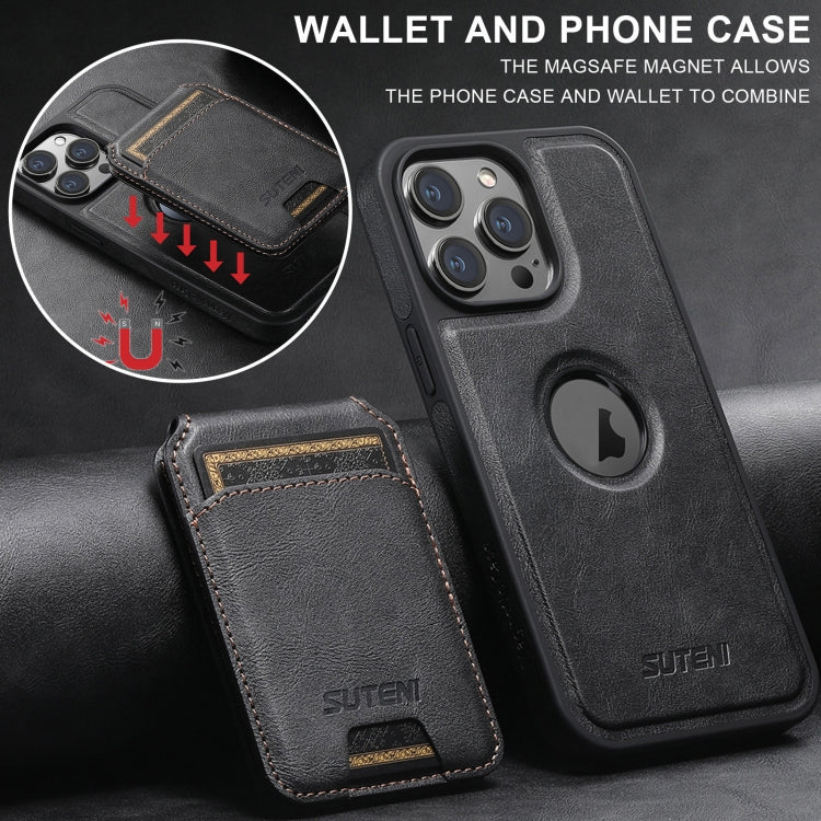 For iPhone 15 Plus Suteni M2 Oil Wax MagSafe Horizontal Card Bag Phone Case(Black) - iPhone 15 Plus Cases by Suteni | Online Shopping South Africa | PMC Jewellery | Buy Now Pay Later Mobicred