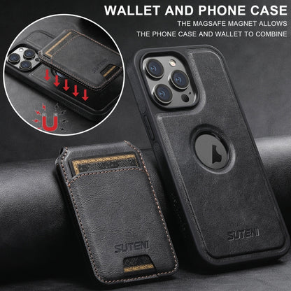 For iPhone 14 Suteni M2 Oil Wax MagSafe Horizontal Card Bag Phone Case(Black) - iPhone 14 Cases by Suteni | Online Shopping South Africa | PMC Jewellery | Buy Now Pay Later Mobicred