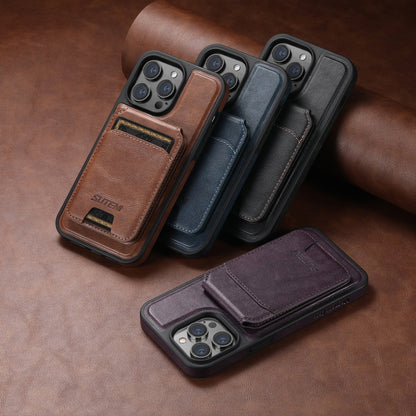 For iPhone 14 Plus Suteni M2 Oil Wax MagSafe Horizontal Card Bag Phone Case(Brown) - iPhone 14 Plus Cases by Suteni | Online Shopping South Africa | PMC Jewellery | Buy Now Pay Later Mobicred