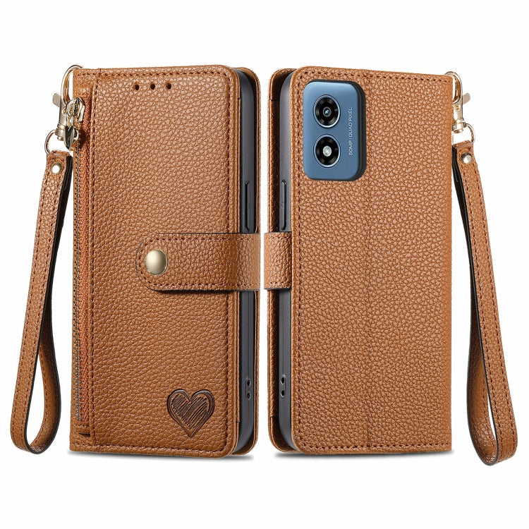 For Motorola Moto G Play 2024 Love Zipper Lanyard Leather Phone Case(Brown) - Motorola Cases by PMC Jewellery | Online Shopping South Africa | PMC Jewellery | Buy Now Pay Later Mobicred