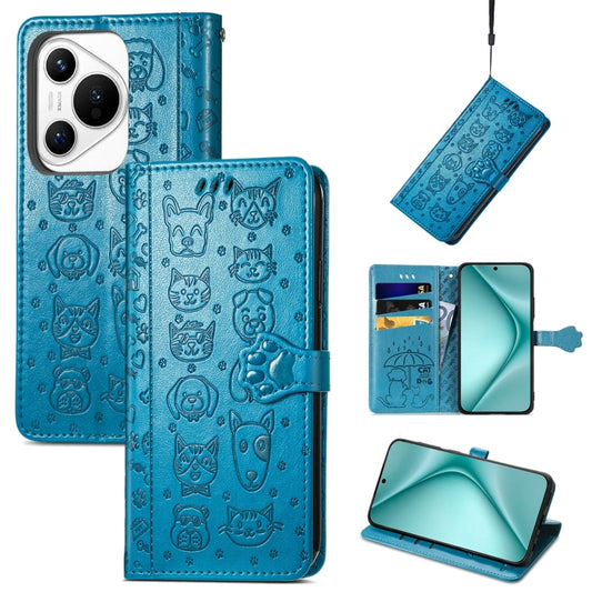 For Huawei Pura 70 Pro Cat and Dog Embossed Leather Phone Case(Blue) - Huawei Cases by PMC Jewellery | Online Shopping South Africa | PMC Jewellery | Buy Now Pay Later Mobicred