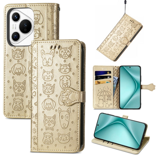 For Huawei Pura 70 Pro+ Cat and Dog Embossed Leather Phone Case(Gold) - Huawei Cases by PMC Jewellery | Online Shopping South Africa | PMC Jewellery | Buy Now Pay Later Mobicred