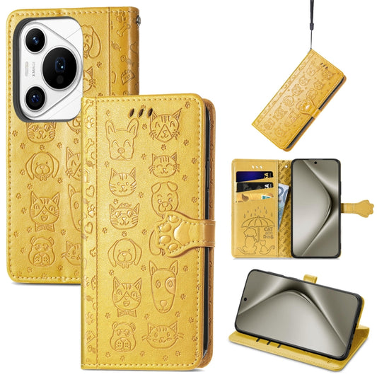 For Huawei Pura 70 Ultra Cat and Dog Embossed Leather Phone Case(Yellow) - Huawei Cases by PMC Jewellery | Online Shopping South Africa | PMC Jewellery | Buy Now Pay Later Mobicred