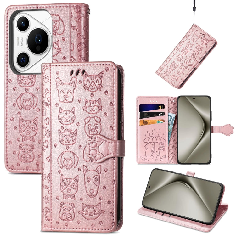 For Huawei Pura 70 Ultra Cat and Dog Embossed Leather Phone Case(Rose Gold) - Huawei Cases by PMC Jewellery | Online Shopping South Africa | PMC Jewellery | Buy Now Pay Later Mobicred