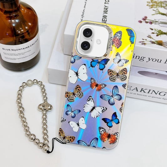 For iPhone 16 Electroplating Laser Butterfly Phone Case with Wrist Strap(Color Butterflies AB1) - iPhone 16 Cases by PMC Jewellery | Online Shopping South Africa | PMC Jewellery | Buy Now Pay Later Mobicred