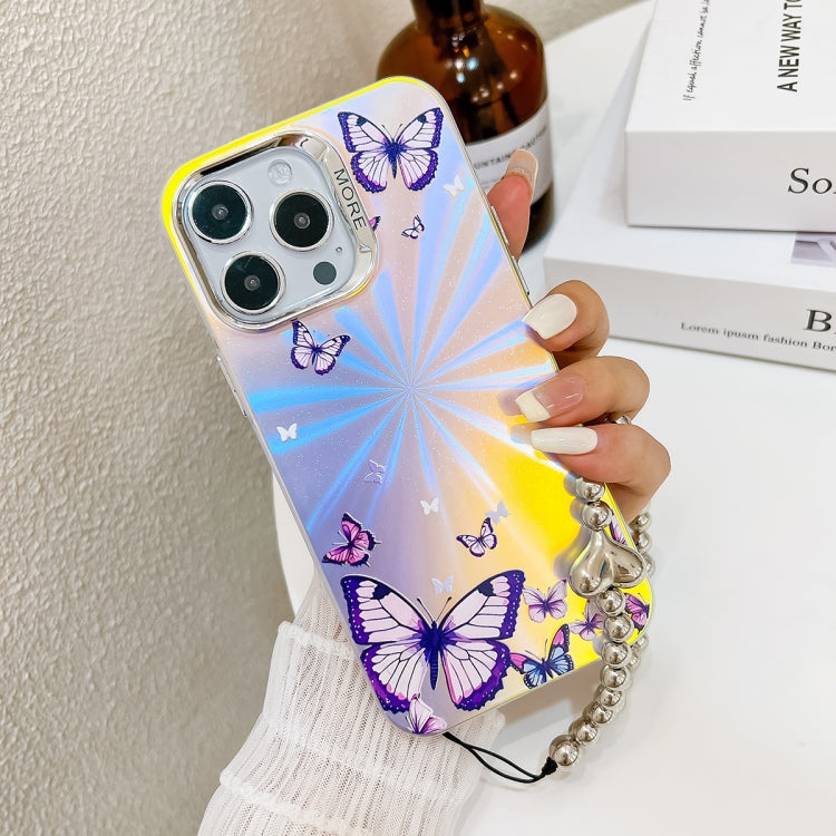 For iPhone 16 Electroplating Laser Butterfly Phone Case with Wrist Strap(Color Butterflies AB1) - iPhone 16 Cases by PMC TechLife | Online Shopping South Africa | PMC TechLife | Buy Now Pay Later Mobicred