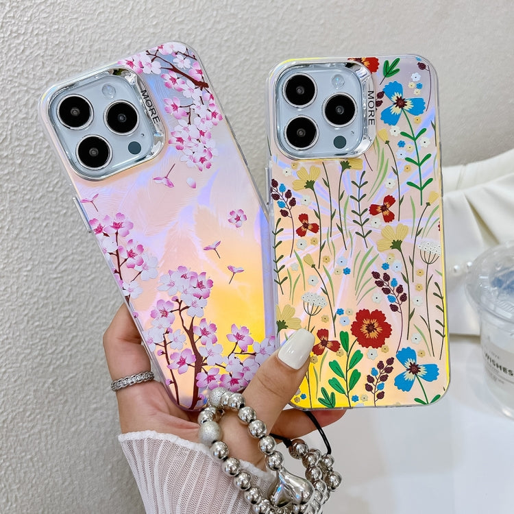 For iPhone 16 Electroplating Laser Flower Phone Case with Wrist Strap(Leaves AH12) - iPhone 16 Cases by PMC Jewellery | Online Shopping South Africa | PMC Jewellery | Buy Now Pay Later Mobicred