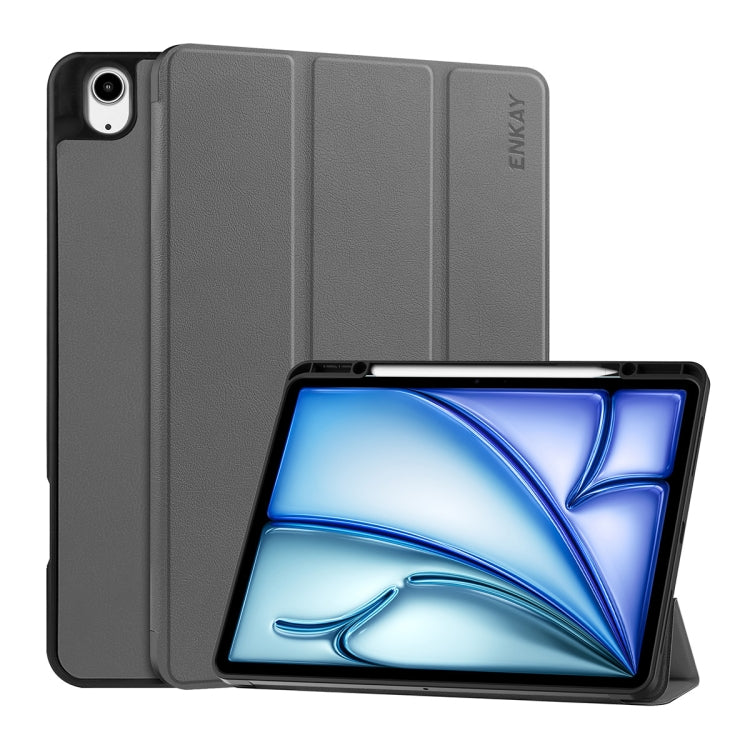 For iPad Air 13 2024 ENKAY Tri-fold Custer Texture TPU Leather Smart Tablet Case with Pen Slot(Grey) - iPad Air 13 2024 Cases by ENKAY | Online Shopping South Africa | PMC Jewellery | Buy Now Pay Later Mobicred