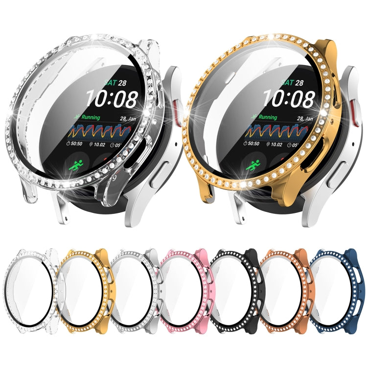 For Samsung Galaxy Watch 7 44mm Single Row Diamond PC + Tempered Film Integrated Watch Protective Case(Transparent White) - Watch Cases by PMC Jewellery | Online Shopping South Africa | PMC Jewellery | Buy Now Pay Later Mobicred