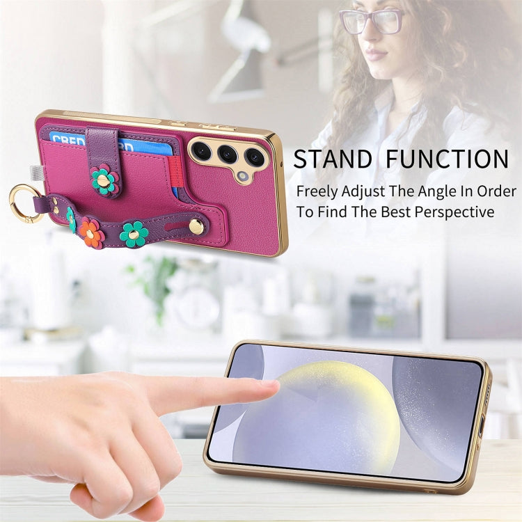 For Samsung Galaxy S24+ 5G Stereoscopic Flowers Wristband Card Bag Phone Case(Purple) - Galaxy S24+ 5G Cases by PMC Jewellery | Online Shopping South Africa | PMC Jewellery | Buy Now Pay Later Mobicred