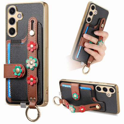 For Samsung Galaxy S24+ 5G Stereoscopic Flowers Wristband Card Bag Phone Case(Black) - Galaxy S24+ 5G Cases by PMC Jewellery | Online Shopping South Africa | PMC Jewellery | Buy Now Pay Later Mobicred