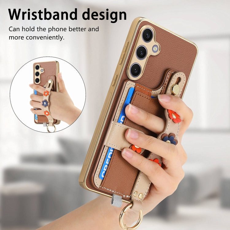 For Samsung Galaxy S24+ 5G Stereoscopic Flowers Wristband Card Bag Phone Case(Brown) - Galaxy S24+ 5G Cases by PMC Jewellery | Online Shopping South Africa | PMC Jewellery | Buy Now Pay Later Mobicred