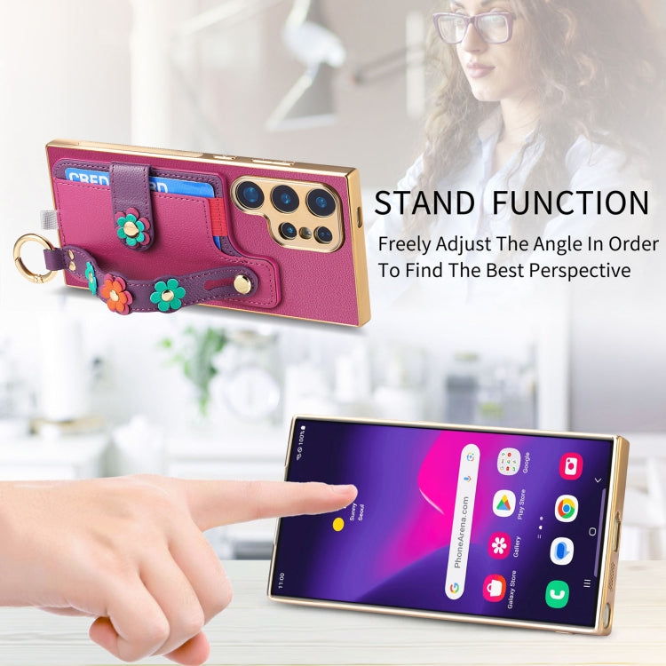 For Samsung Galaxy S24 Ultra 5G Stereoscopic Flowers Wristband Card Bag Phone Case(Purple) - Galaxy Phone Cases by PMC Jewellery | Online Shopping South Africa | PMC Jewellery | Buy Now Pay Later Mobicred