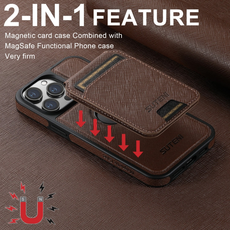 For iPhone 15 Pro Suteni M2 Cross-Grain MagSafe Vertical Card Back Phone Case(Brown) - iPhone 15 Pro Cases by Suteni | Online Shopping South Africa | PMC Jewellery | Buy Now Pay Later Mobicred