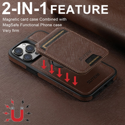 For iPhone 14 Pro Suteni M2 Cross-Grain MagSafe Vertical Card Back Phone Case(Brown) - iPhone 14 Pro Cases by Suteni | Online Shopping South Africa | PMC Jewellery | Buy Now Pay Later Mobicred