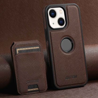 For iPhone 14 Suteni M2 Cross-Grain MagSafe Vertical Card Back Phone Case(Brown) - iPhone 14 Cases by Suteni | Online Shopping South Africa | PMC Jewellery | Buy Now Pay Later Mobicred