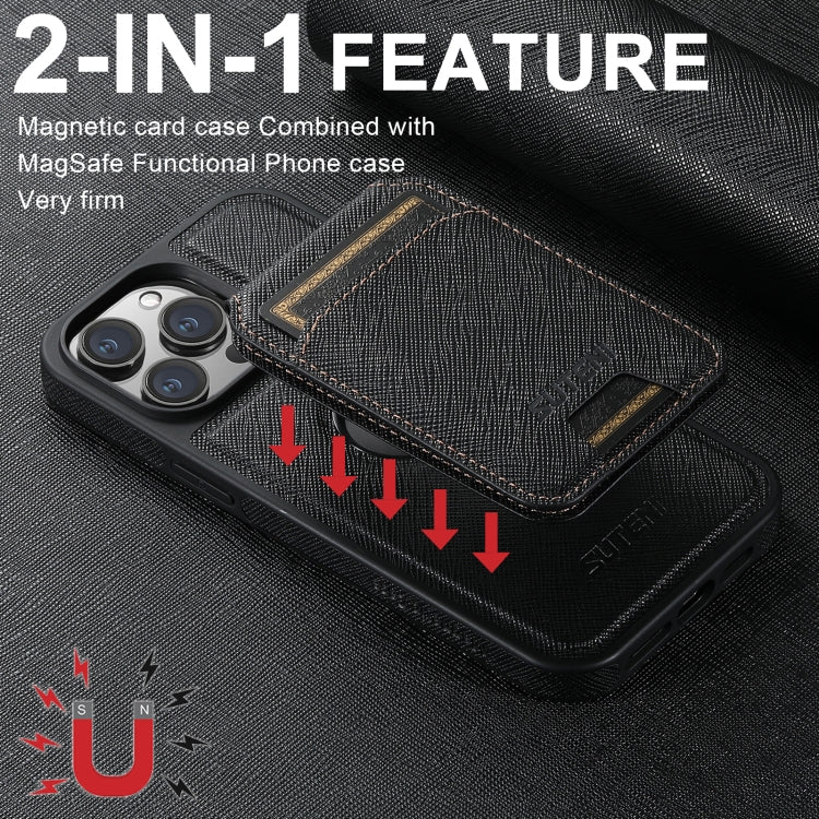 For iPhone 16 Suteni M2 Cross-Grain MagSafe Vertical Card Back Phone Case(Black) - iPhone 16 Cases by Suteni | Online Shopping South Africa | PMC Jewellery | Buy Now Pay Later Mobicred